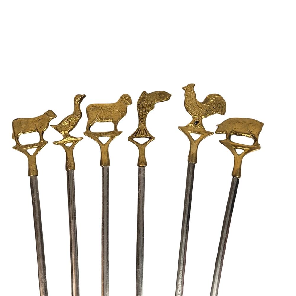 Vintage Turkish Stainless Steel Brass Handle Shish Kabob Skewers 16" Set of 6